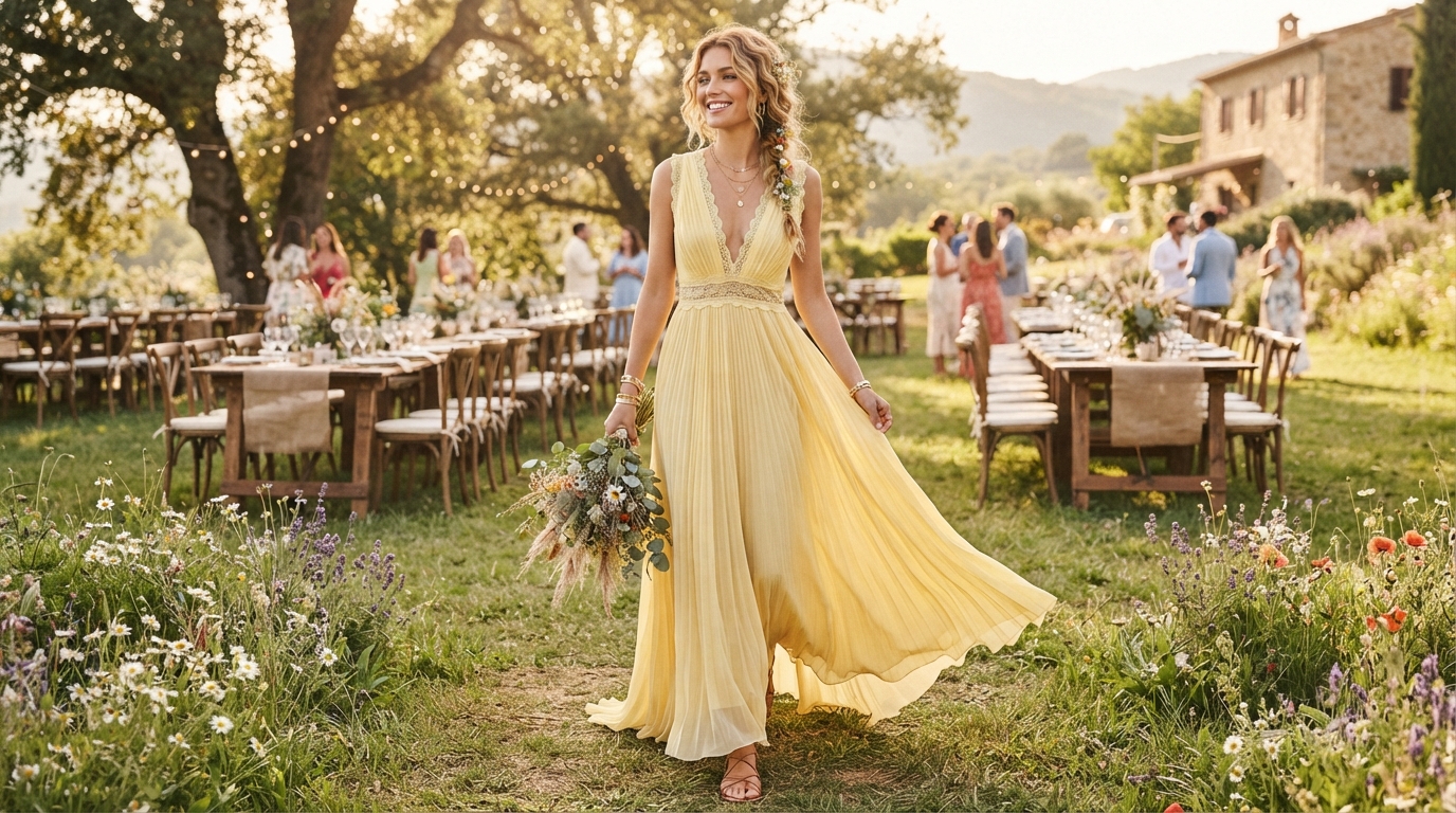 Butter Yellow Plunging V-Neck Pleated Maxi Dress